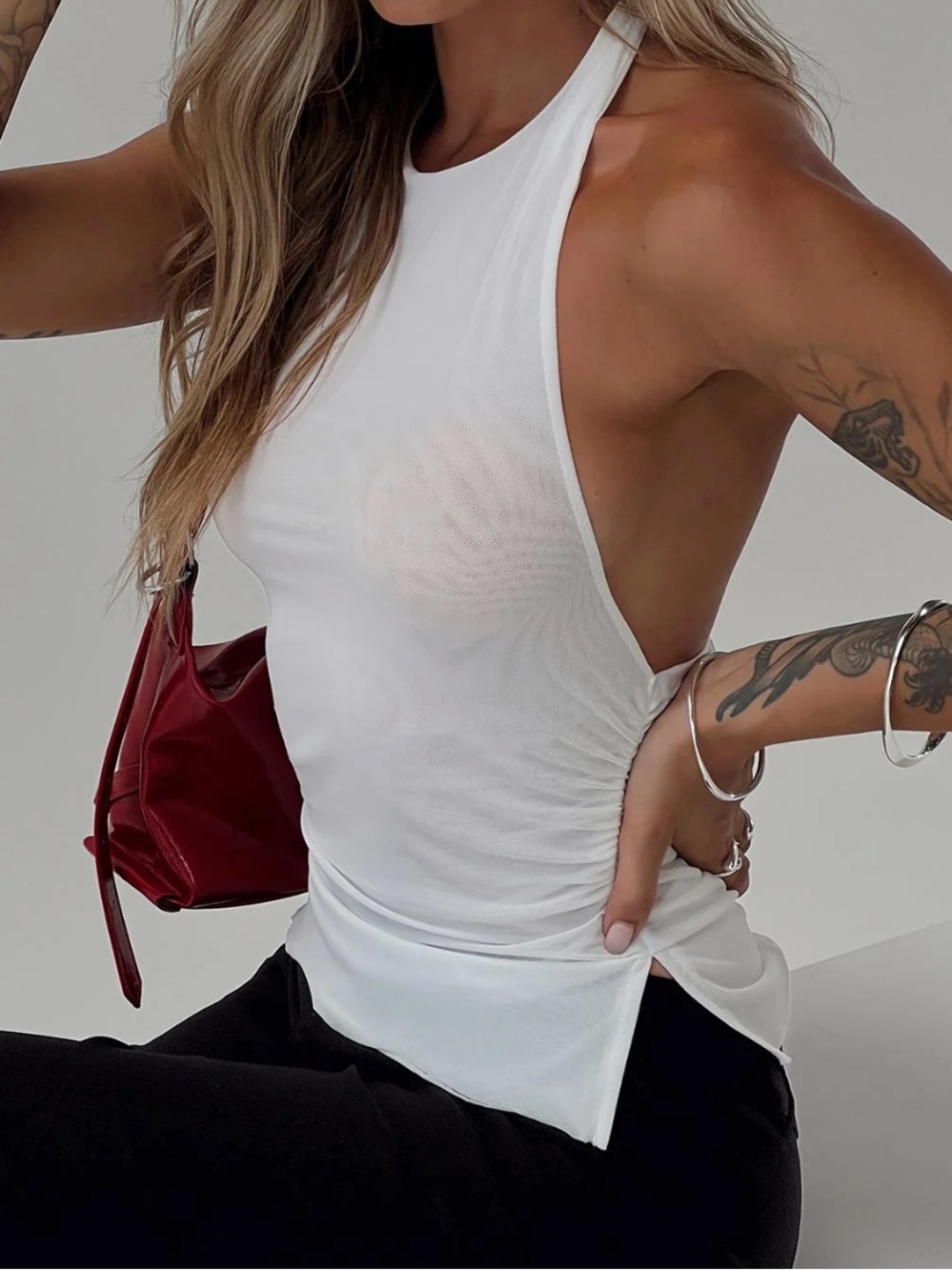 Dolls Kill White Halter Side-Ruched Tank